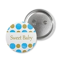 Detail of Sweet Baby tinplate badge with blue dots and pin back for gender reveal party - Sweet Baby Blue Gold Dots Style (Style 3)
