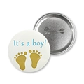Detail of Baby Boy tinplate badge with safety pin back for gender reveal party - It's a Boy! Blue Text Footprint Style (Style 5) / 58mm