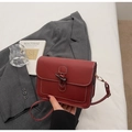 Retro red faux leather shoulder bag with decorative toggle and contrast stitching - Burgundy