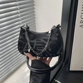 Minimalist black printed underarm bag with silver chain and pearl heart charms - Black