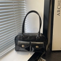 Borsa a mano vintage in pelle nera PU con doppie tasche anteriori e dettagli dorati - Nero
