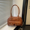 Borsa a mano quadrata minimalista in pelle PU marrone caramello con doppie tracolle fini - Marrone