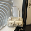 Creamy white Boston bag in retro synthetic leather with gold hardware and long handles - White