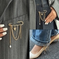 Golden multi-layer chain safety pin brooch with heart pendant and pearl detail - Gold-00320
