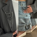 Silver multi-layer safety pin brooch with grey beads and black heart charm for clothes - Silver-00349