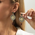 Orecchini retrò a girasole con gemme verdi e pendenti a goccia rosso vino - Girasole Goccia d'Acqua Multicolore (3825)