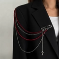 Gothic silver safety pin shoulder chain brooch with red beads and star pendant - Red Bead Tassel Style (00322) / Silver Red (00322)