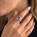 Close-up of vintage silver ring featuring a square dark grey faceted gemstone with cable texture - Classic Cable Texture Square Gem Style (00989)