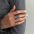 Detailed view of silver-tone fashion ring with three smoke grey rectangular crystals - Three Rectangular Stones Combination Open Style (00991)