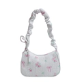 Schultertasche aus Nylon mit Blumenmuster, Schleife und gerafftem Riemen für Damen - Weiß