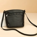 Minimalist black PU leather bucket bag with double front zippers and silver rivets - Black