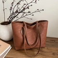 Vintage brown woven texture tote bag with vertical pleats and long shoulder straps - Brown