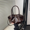Dark brown scrunched leather handbag with a metal buckle and dual strap style - Brown