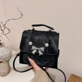 Mini black velvet backpack with silver metal bow and flap cover for women style - Black