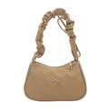 Chic khaki nylon shoulder bag with scrunchie handle and silver bow detail in retro style - Khaki