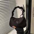 Fashionable black underarm bag with silver butterfly and ruched handle for spring - Black