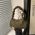 Olive green hobo bag with metallic bow detail and ruched shoulder strap design - Green