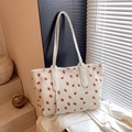 Corduroy shopper met rode aardbeienprint voor woon-werkverkeer en studenten - Beige