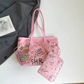 Rosa Graffiti-Einkaufstasche Set mit kleiner Tasche und trendigen Cartoon-Bär Motiven - Rosa