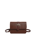 Deep brown woven leather baguette shoulder bag with gold H-shaped metallic buckle detail - Brown
