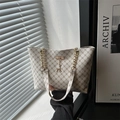 Large beige canvas tote bag with brown vintage patterns and gold chain leather strap - Vintage Monogram White