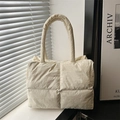 Minimalist cream white quilted puffer tote bag with large square stitching design - White