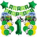 Farm theme first birthday decor set with green tractor, cow balloons, and party banner - Number 1