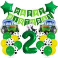 Farm theme 2nd birthday decor set with tractor and cow balloons and green banner - Number 2
