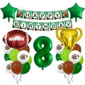 Detail of football birthday set with trophy balloons, green number 8, and party banners - Number 8 Set