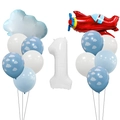 Detail von rotem Flugzeug und blauen Wolkenballons für den ersten Jungen-Geburtstag - Flugzeug Weiße Nummer 1