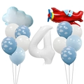 Rotes Flugzeug-Thema 4. Geburtstag Ballon-Set mit blau-weißen Wolken für Jungen Party - Flugzeug Weiße Nummer 4