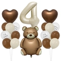 Retro-Ballonset in Creme und Braun zum 4. Geburtstag mit Bär und Herzballons - Retro Bär Ballon Set 4 (Alter 4)
