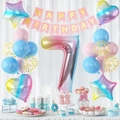Setup of gradient number 7 balloon set with pink Happy Birthday banner and party props - Gradient Number 7 Style (5215883364476)