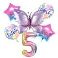 Vue détaillée du lot de 6 ballons papillon violet et chiffre 5 dégradé coloré - Numéro 5 Dégradé Violet Glacé