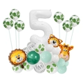 Kit ballons 5ème anniversaire Safari Jungle avec Lion Tigre Girafe et Feuilles - Blanc Jungle Numéro 5