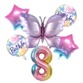 Détail du lot de 6 ballons papillon avec laser foil et chiffre dégradé numéro 8 - Numéro 8 Dégradé Violet Glacé