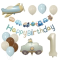 Detail of vintage plane and car balloon set with cream number one for first birthday - Number 1 Decor Style