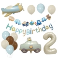 Flat lay of 2nd birthday party set with airplane, race car, and beige number 2 balloons - Number 2 Decor Style