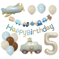 Retro plane and car birthday balloon set with cream number 5 for 5th party decor - Number 5 Decor Style