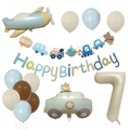 Detailed set of airplane and car balloons with cream number 7 and happy birthday banner - Number 7 Decor Style