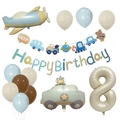 Detail view of transport themed party set with plane car and cream number balloon - Number 8 Decoration Style