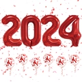 Macro shot of 2024 red foil number balloons and clear latex balloons with red sequins - Red