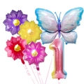 Blue butterfly, colorful flowers, and gradient number 1 foil balloon birthday set - Butterfly Flower Number 1 Style