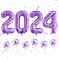 Detail of 40-inch purple 2024 foil number balloons with purple confetti latex balloons - Purple