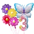 Detailed set of butterfly and flower foil balloons with gradient rainbow number three - Butterfly Flower Number 3 Style