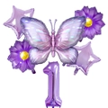 Detail of purple butterfly balloon set with star and flower shapes for 1st birthday party - Purple Butterfly Number 1