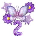 Detail of purple butterfly balloon set including number two and floral shaped foil decorations - Purple Butterfly Number 2