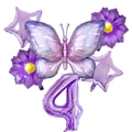Detail of purple butterfly foil balloon set with number four and flowers for party decor - Purple Butterfly Number 4