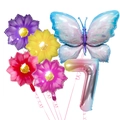 Ice blue butterfly and gradient number 7 balloon set with colorful sun flowers for birthdays - Butterfly Flower Number 7 Style