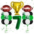 Detail of football party kit with trophy balloon and giant green number seven balloon - Football Trophy Number 7 Set